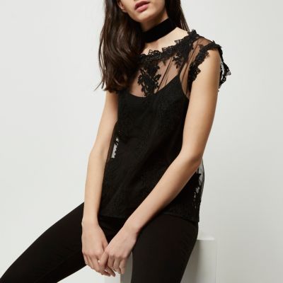 Black floral mesh lace sleeveless top